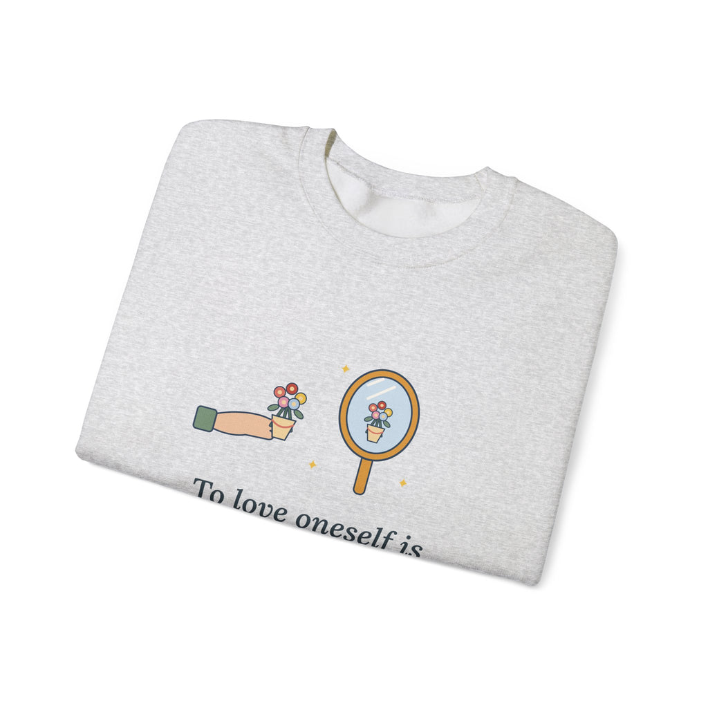 To Love Oneself Is the Beginning of a Life-Long Romance Sweatshirt, Self-Love Oscar Wilde Quote Crewneck with Mirror Bouquet