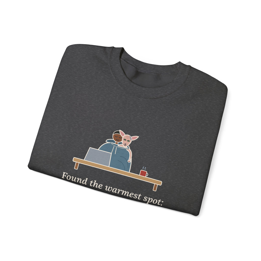 Peterbald Cat Found the Warmest Spot Crewneck Sweatshirt - Funny Hairless Cat Lover Gift