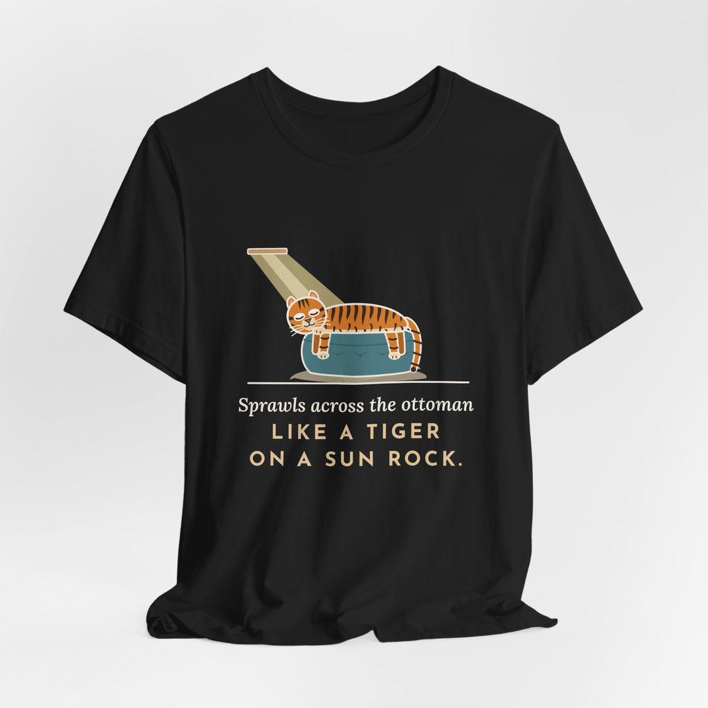 Tiger-Striped Cat T-Shirt - Sprawls Across the Ottoman Like a Tiger on a Sun Rock Striped Cat Tee