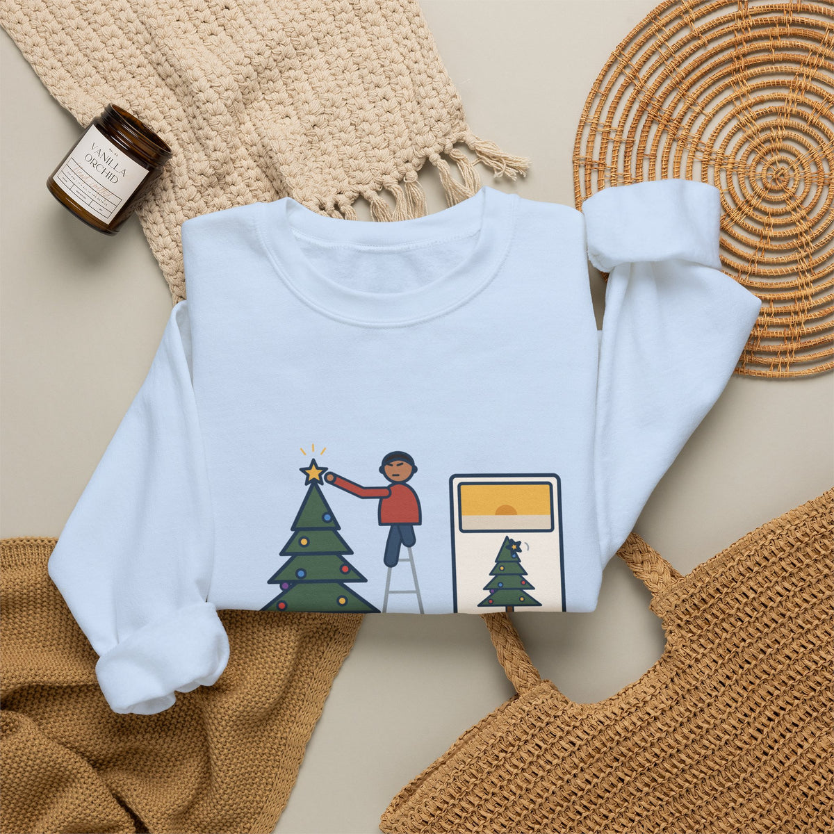 Christmas Tree Star Sweatshirt, Twenty Minutes on the Ladder Getting It Straight, Leaned Again by Morning, Funny Ladder and Star Crewneck