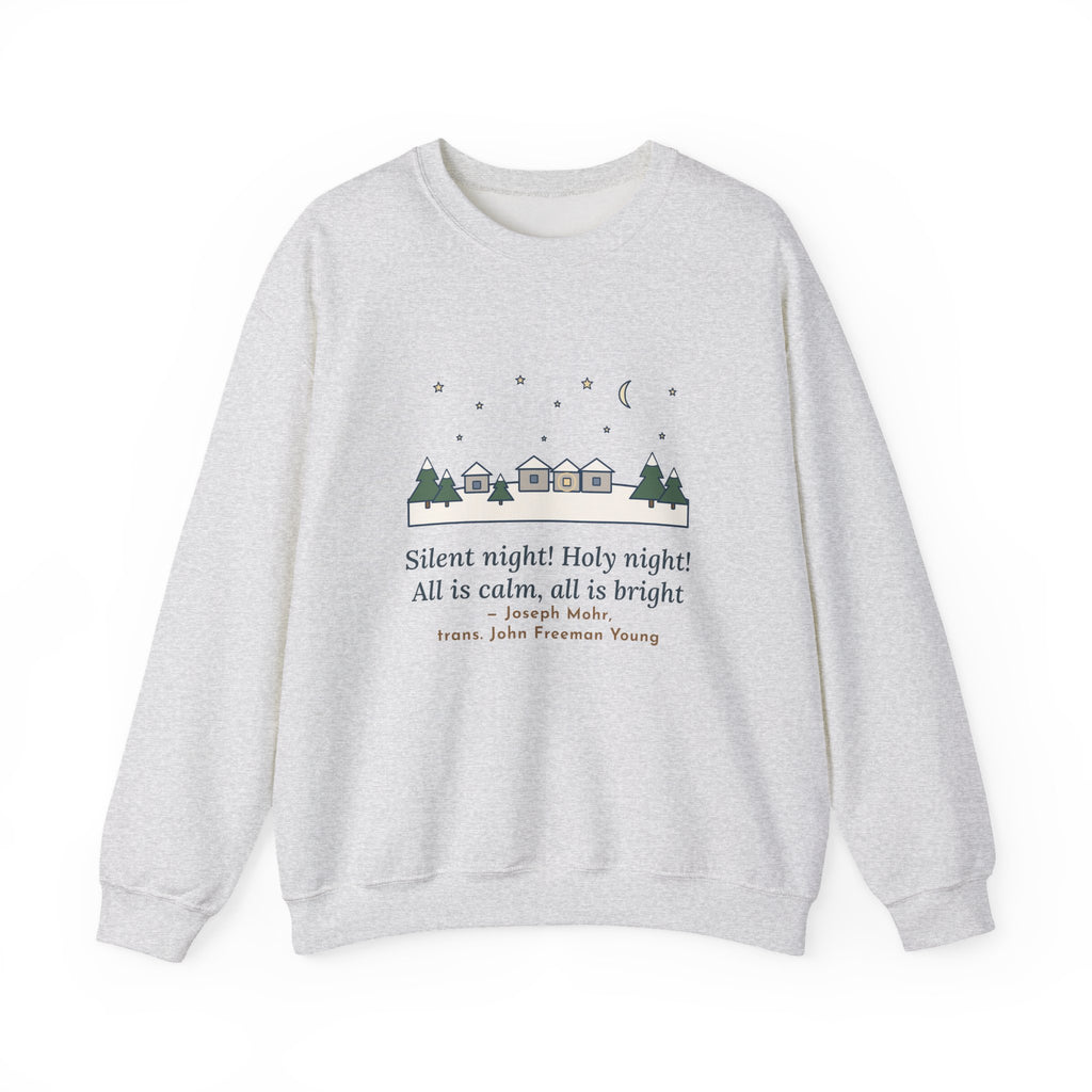 All Is Calm, All Is Bright Sweatshirt, Christmas Joseph Mohr Quote Crewneck with Snowy Village Night