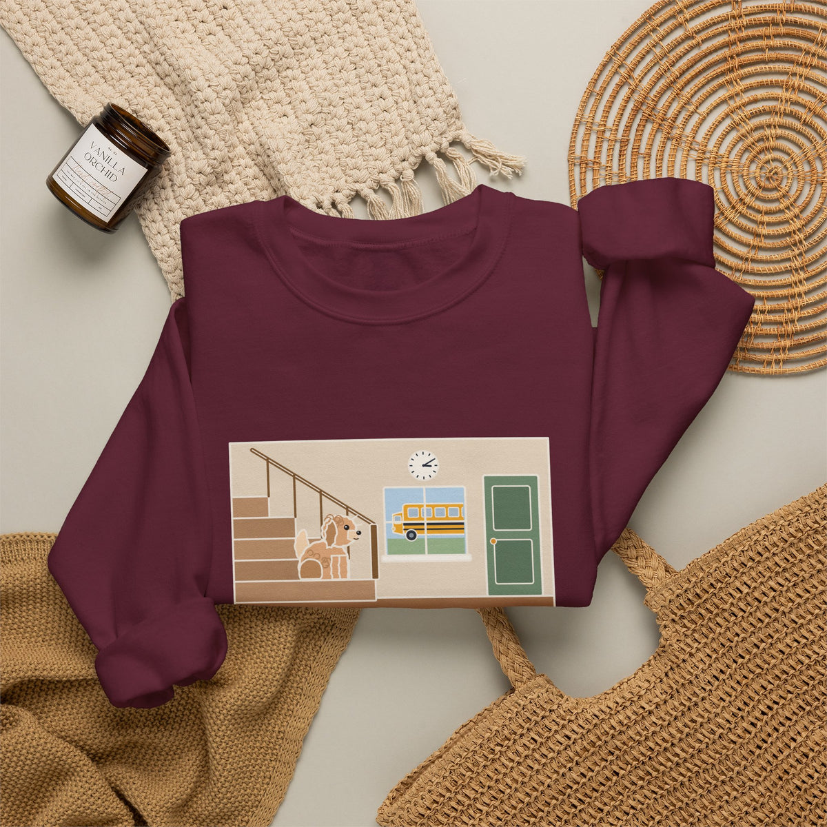 Maltipoo Sweatshirt, Seven Pounds, Waits on the Stairs at 3:10 Every Day for the School Bus, Funny Front Hall Wait Crewneck