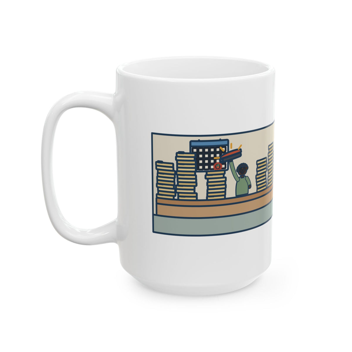 August, Three Hundred Enrollment Forms and One Stapler 15oz Mug, Large Funny School Registrar Coffee Mug