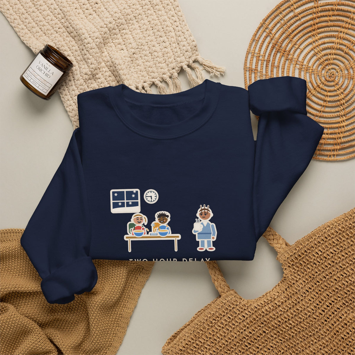 Two-Hour Delay Sweatshirt, Announced at 5:45 a.m., Both Kids Already Dressed and Eating Cereal, Funny Dawn Kitchen Crewneck