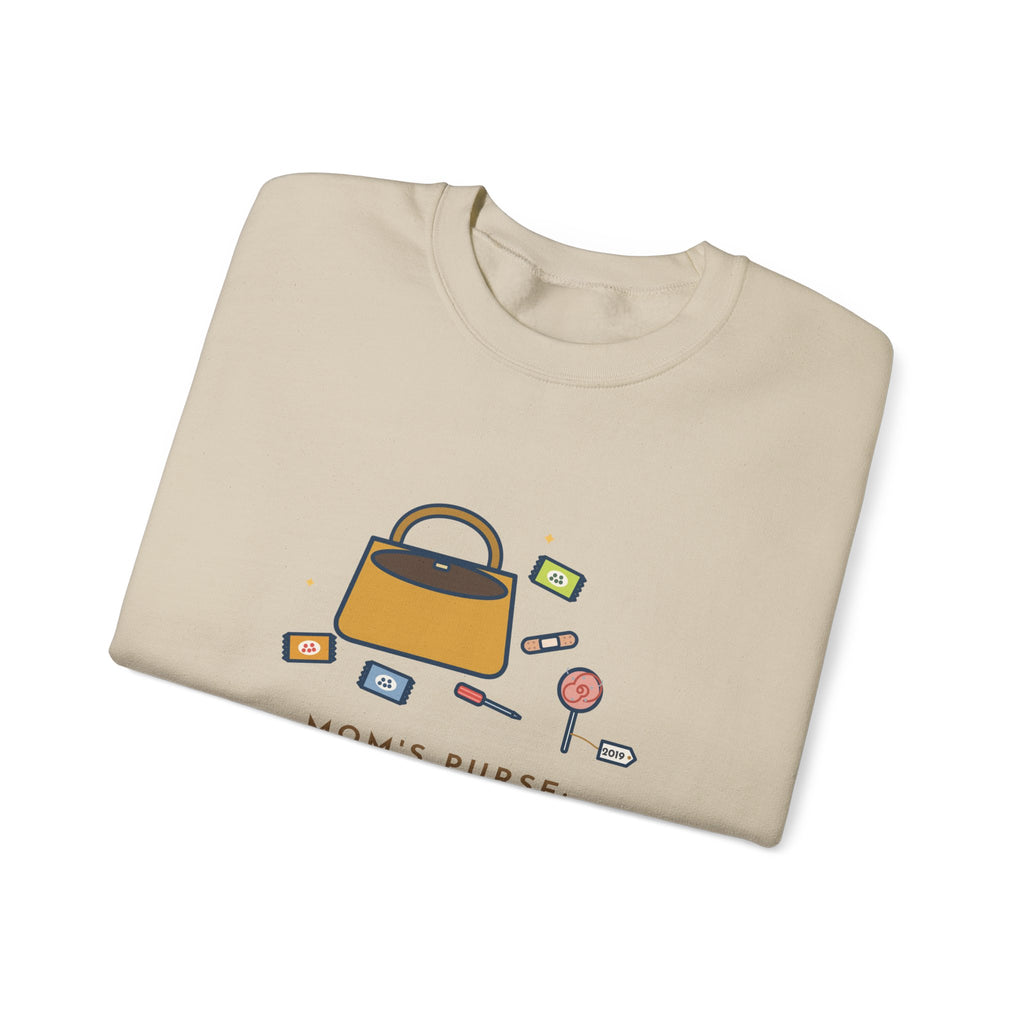 Mom Sweatshirt, Mom's Purse, Three Snacks, a Bandage, a Screwdriver and a Very Old Lollipop, Funny Purse Flat-Lay Crewneck