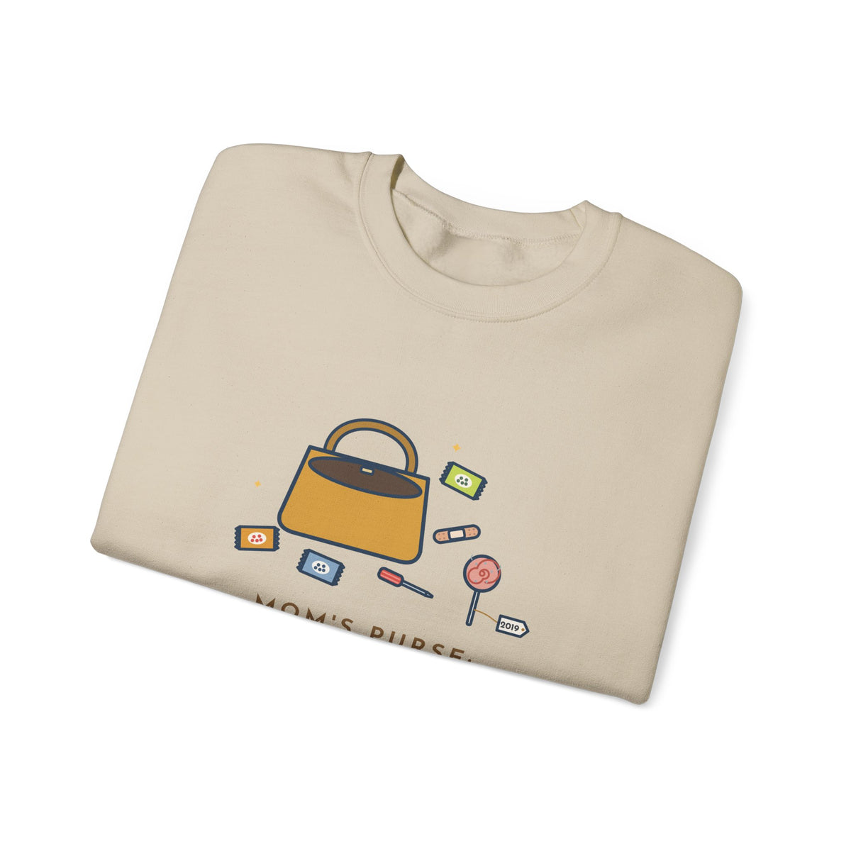 Mom Sweatshirt, Mom's Purse, Three Snacks, a Bandage, a Screwdriver and a Very Old Lollipop, Funny Purse Flat-Lay Crewneck