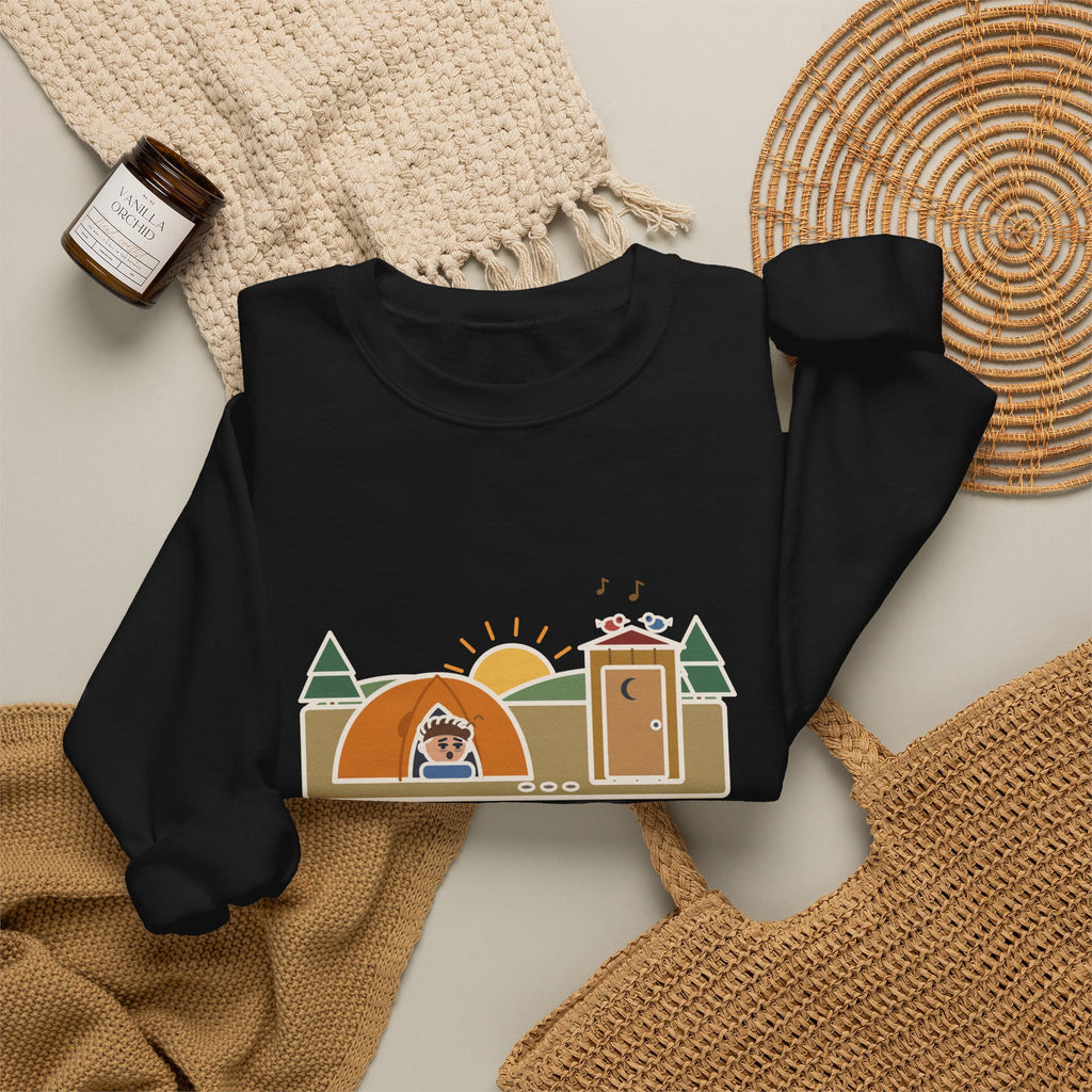Pitched the Tent in the Dark Sweatshirt, Funny Camping Crewneck with Outhouse View
