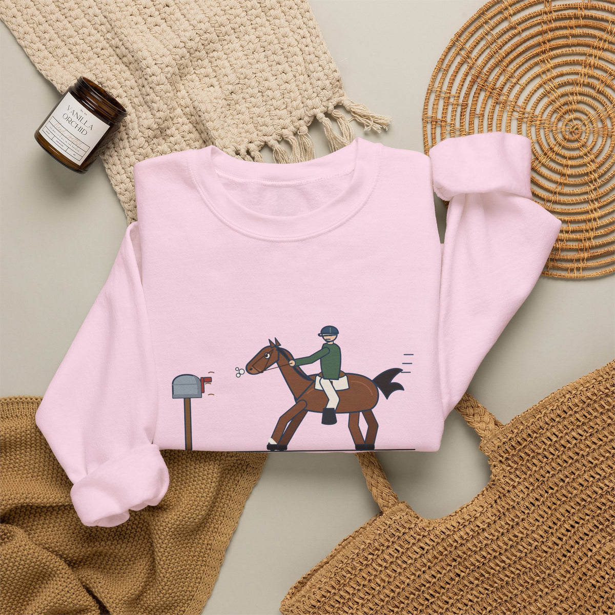 Horse Riders Crewneck Sweatshirt - Spooked at the Mailbox He Passes Daily