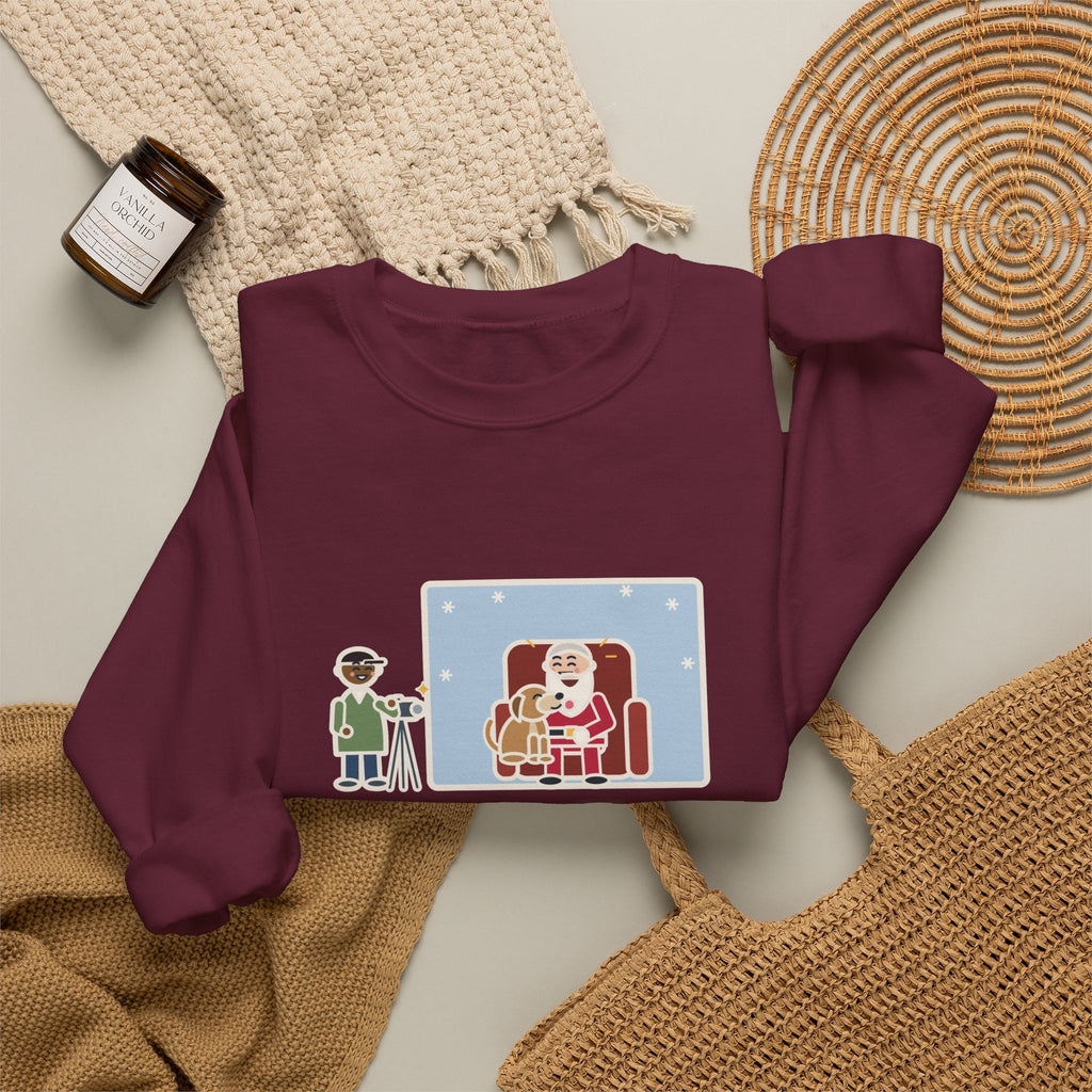 Holiday Photo Sweatshirt, Took the Dog for Photos with the Man in the Red Suit, He Licked the Beard, Funny Photo Set Crewneck