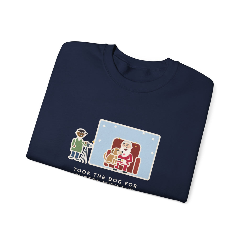 Holiday Photo Sweatshirt, Took the Dog for Photos with the Man in the Red Suit, He Licked the Beard, Funny Photo Set Crewneck