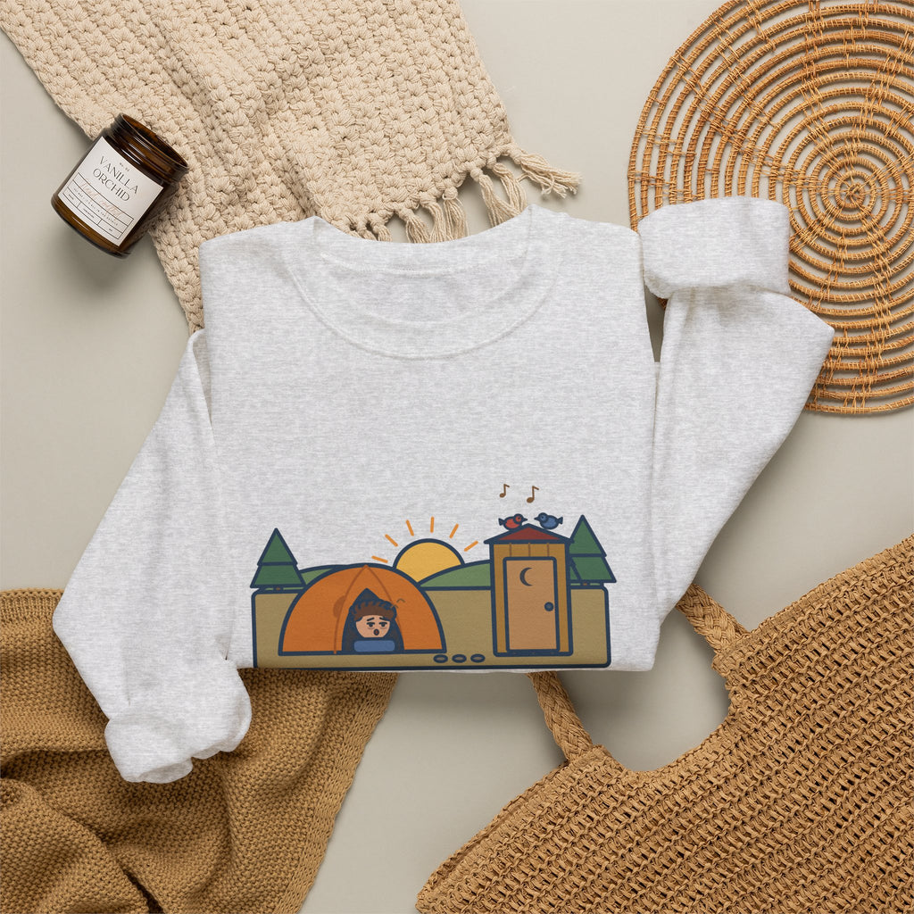 Pitched the Tent in the Dark Sweatshirt, Funny Camping Crewneck with Outhouse View