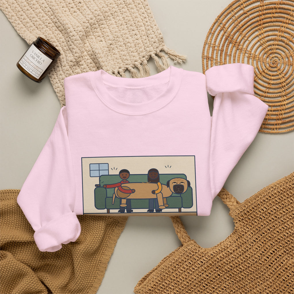 Bullmastiff Sweatshirt, Decided He Was a Lap Dog, Two of Us Pinned to the Couch, Funny Couch Pile Crewneck
