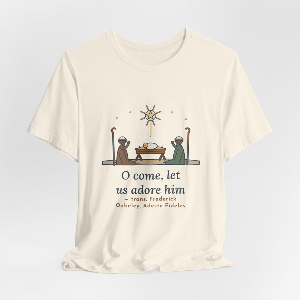 Oakeley Quote T-Shirt, O Come, Let Us Adore him, Christmas Woodcut Manger Tee