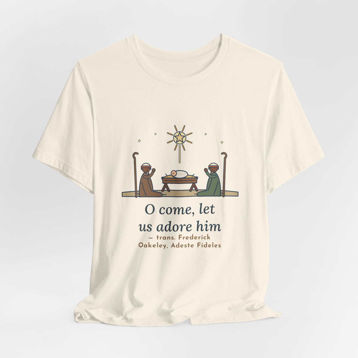 Oakeley Quote T-Shirt, O Come, Let Us Adore him, Christmas Woodcut Manger Tee