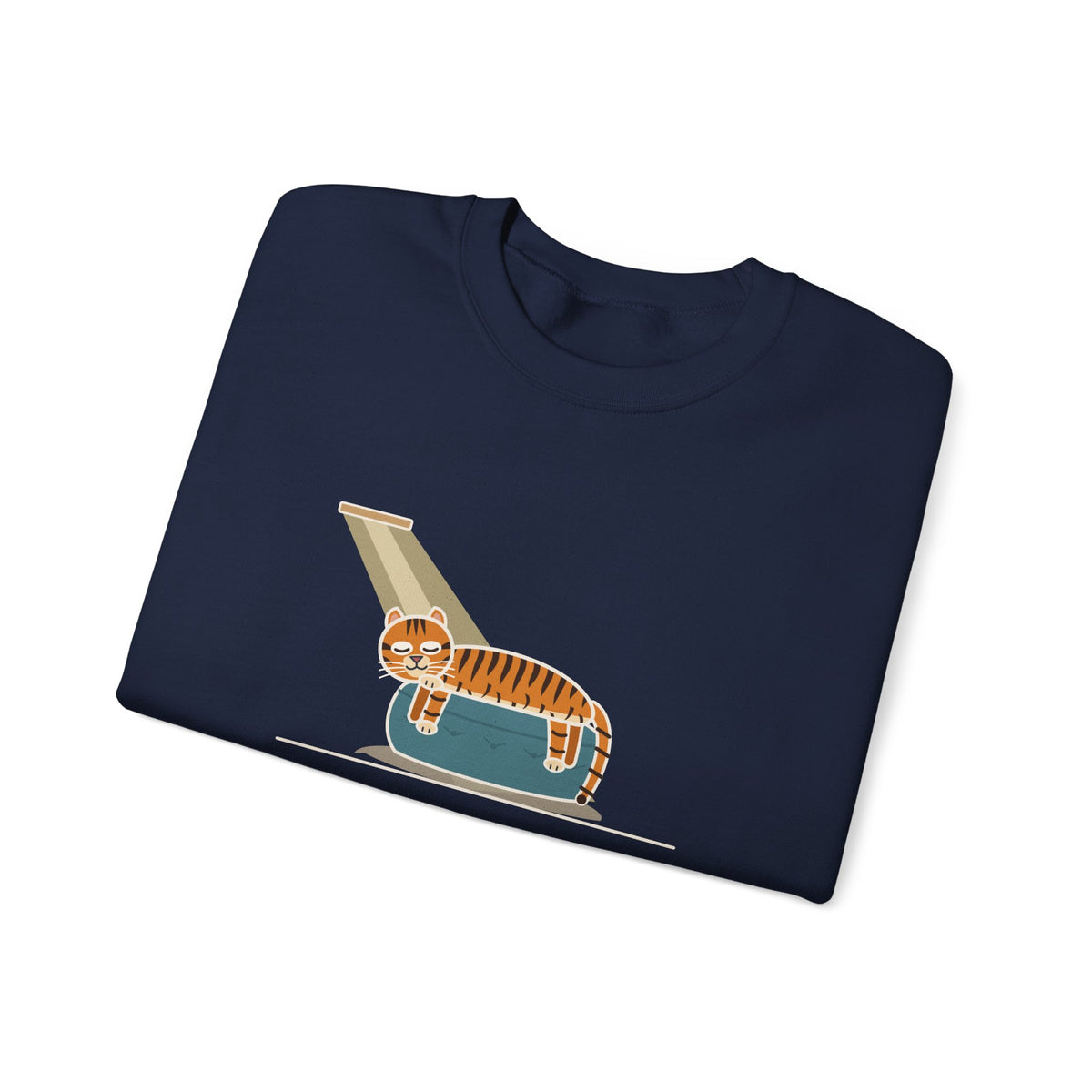 Tiger-Striped Cat Crewneck Sweatshirt - Sprawled on the Ottoman Like a Tiger on a Sun Rock Cat Gift