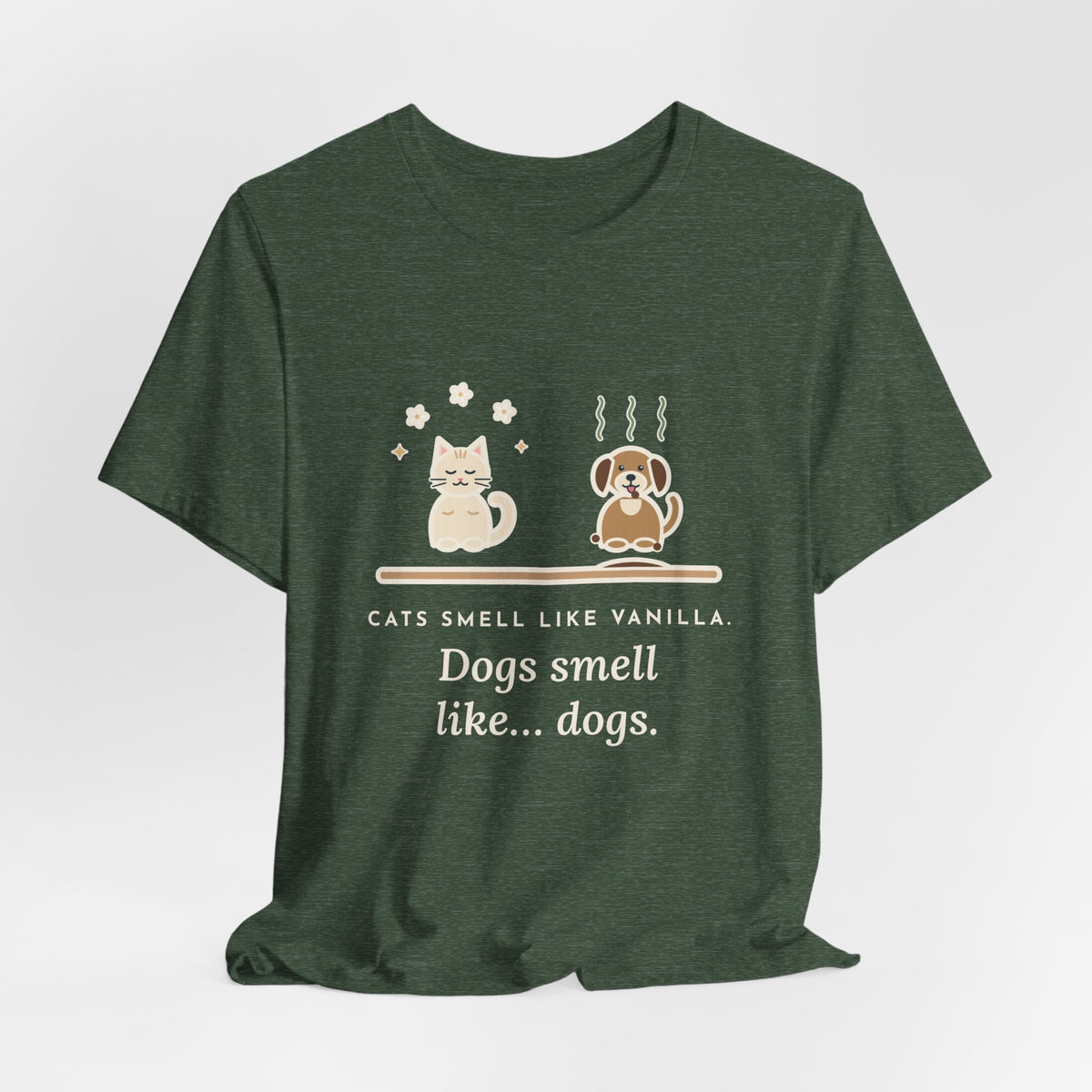 Funny Pet Humor T-Shirt, Cats Smell Like Vanilla, Dogs Smell Like Dogs, Original Illustrated Shirt