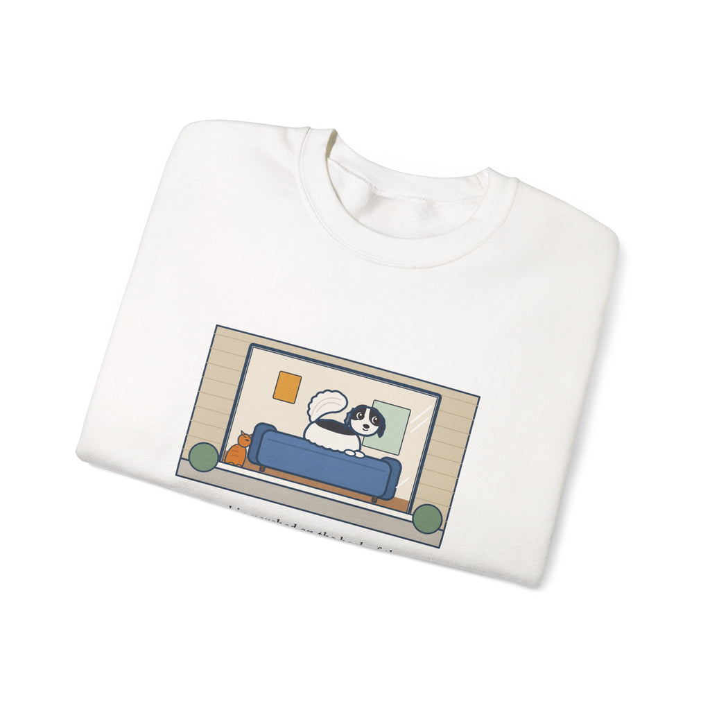 Japanese Chin Sweatshirt, Perched on the Back of the Couch Like a Cat, Watching the Street, Funny Window Lookout Crewneck