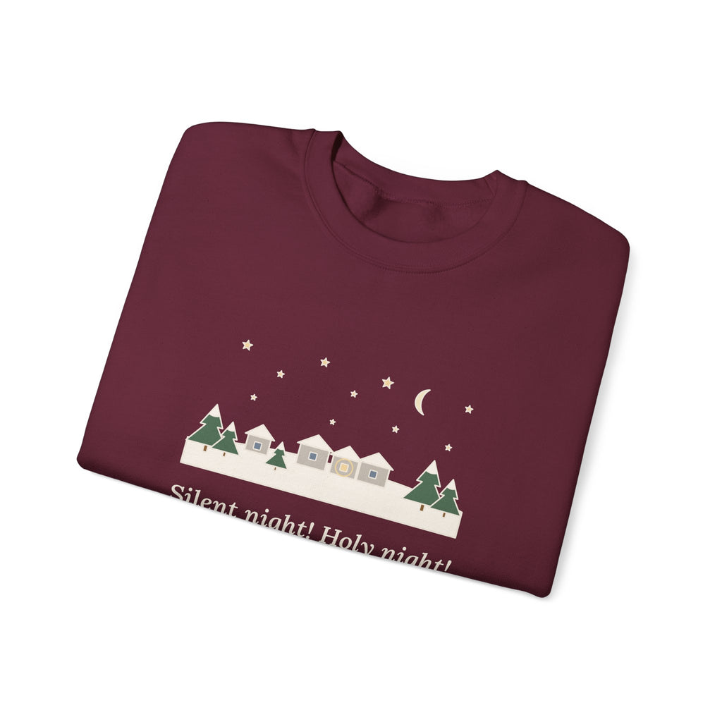 All Is Calm, All Is Bright Sweatshirt, Christmas Joseph Mohr Quote Crewneck with Snowy Village Night
