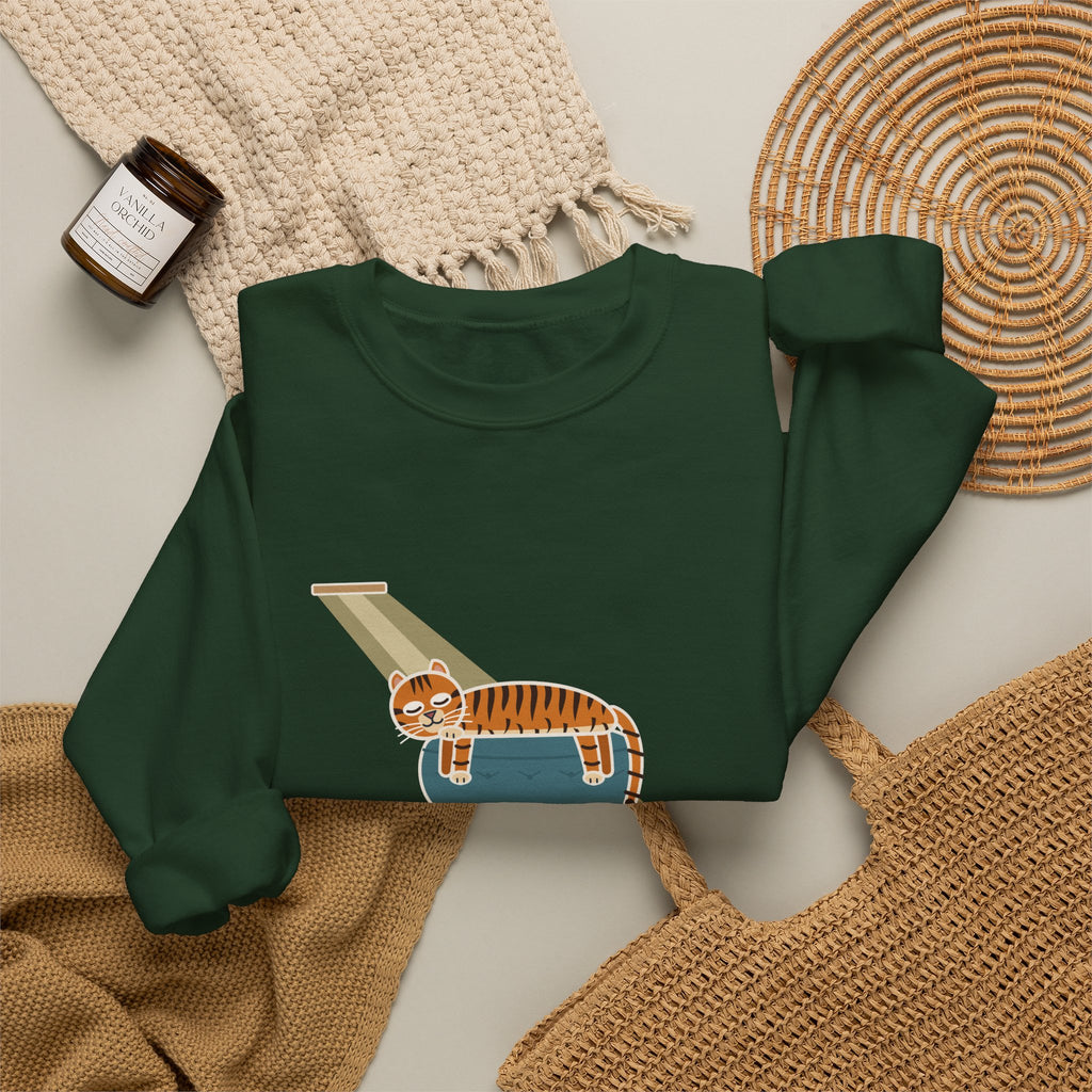 Tiger-Striped Cat Crewneck Sweatshirt - Sprawled on the Ottoman Like a Tiger on a Sun Rock Cat Gift