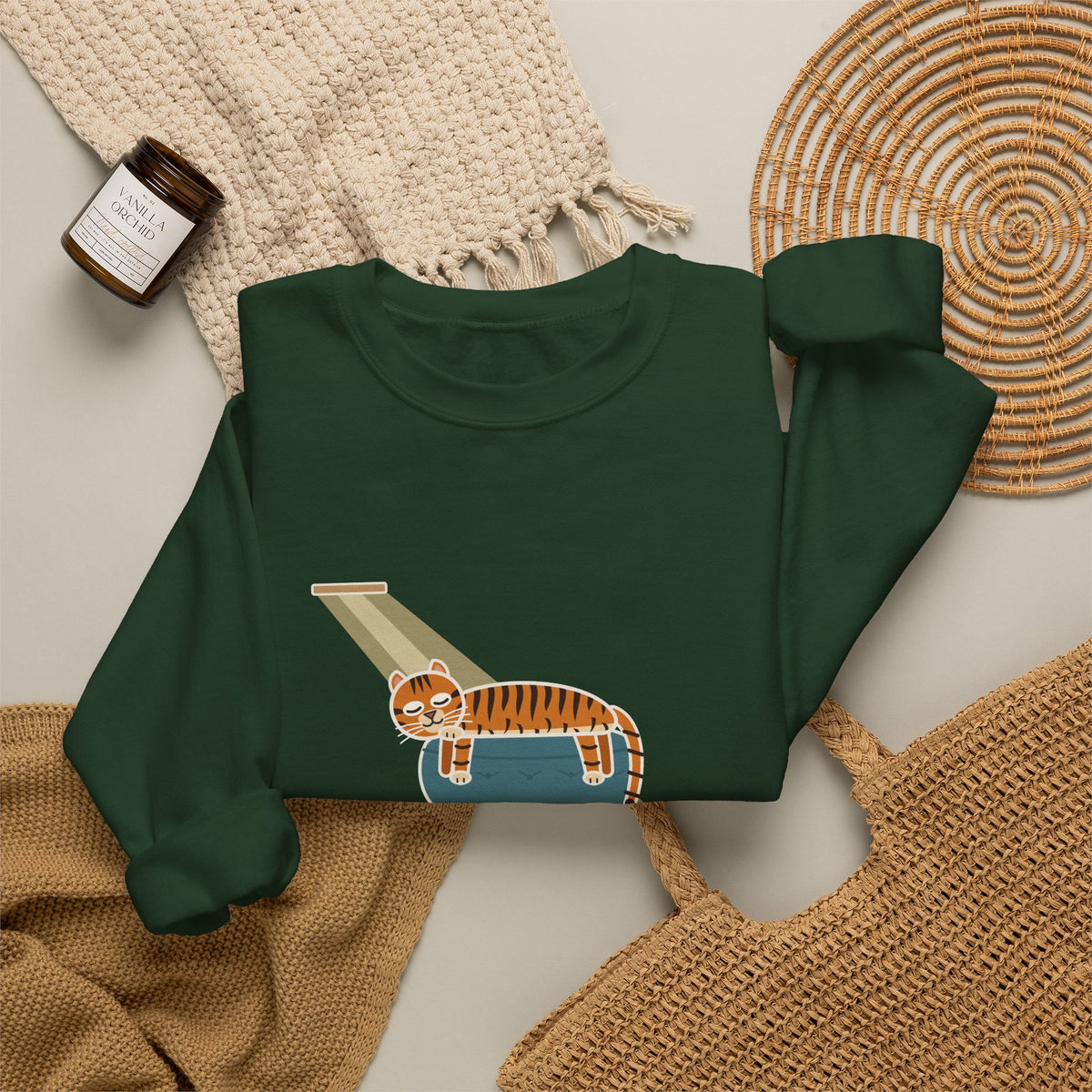 Tiger-Striped Cat Crewneck Sweatshirt - Sprawled on the Ottoman Like a Tiger on a Sun Rock Cat Gift