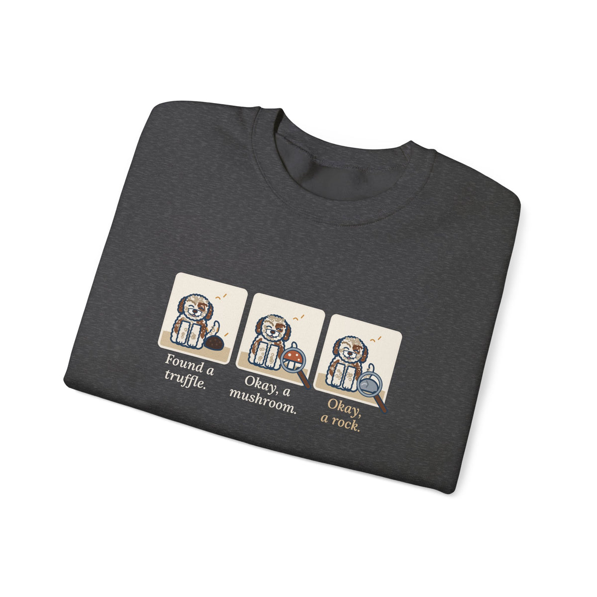 Lagotto Romagnolo Crewneck Sweatshirt - Truffle, Mushroom, Rock Three-Panel Dog Comic