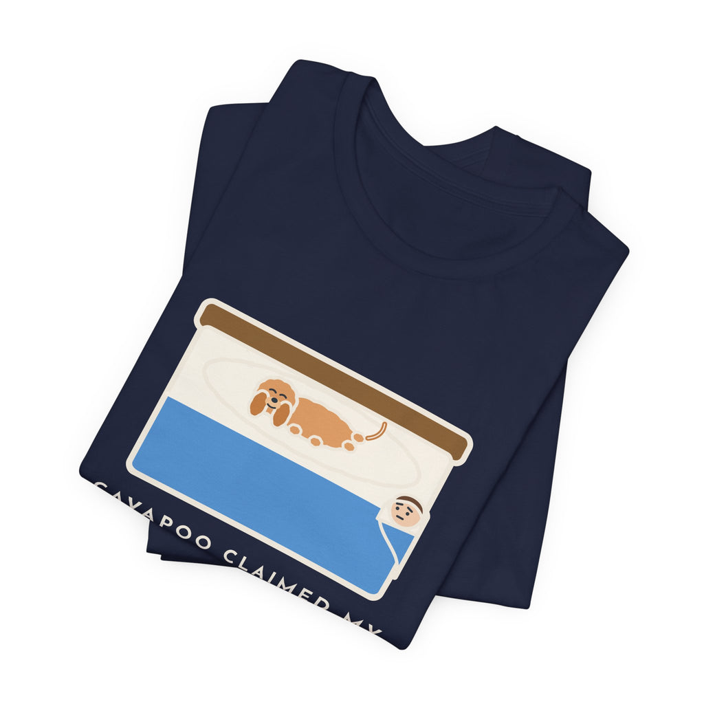 Funny Cavapoo T-Shirt, Claimed My Pillow on Night One, I Sleep on the Corner Now, Big Bed Tee