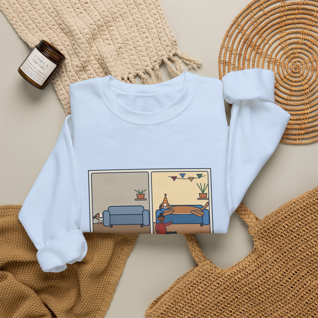Gotcha Day Sweatshirt, Five Years Ago She Hid Behind the Couch, Now the Couch Is Hers, Funny Then and Now Crewneck