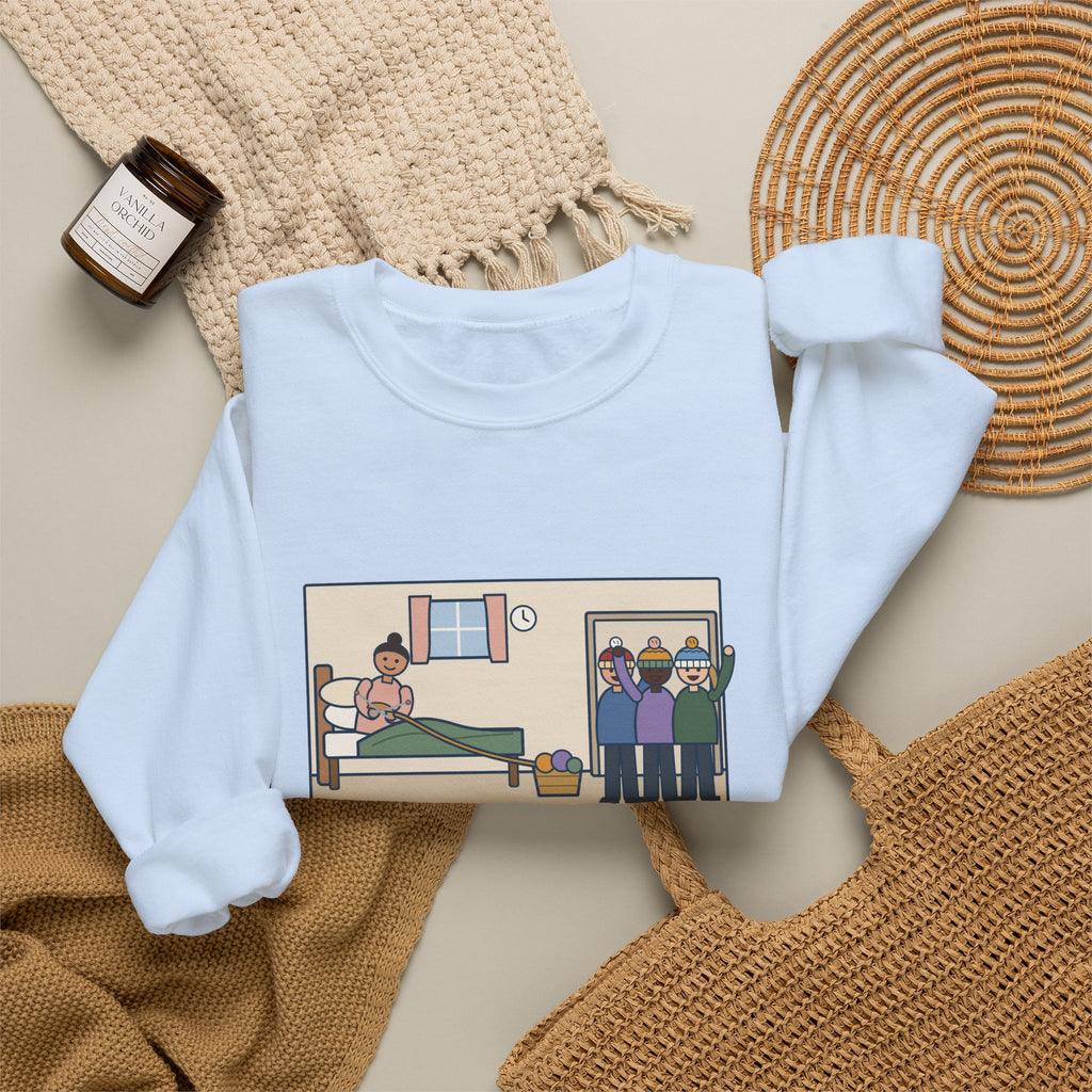 Antepartum Nurse Sweatshirt, Week Five of Bed Rest, She Knitted a Hat for Every Nurse on Day Shift, Funny Knitted Hats Crewneck