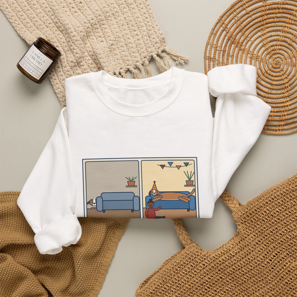 Gotcha Day Sweatshirt, Five Years Ago She Hid Behind the Couch, Now the Couch Is Hers, Funny Then and Now Crewneck