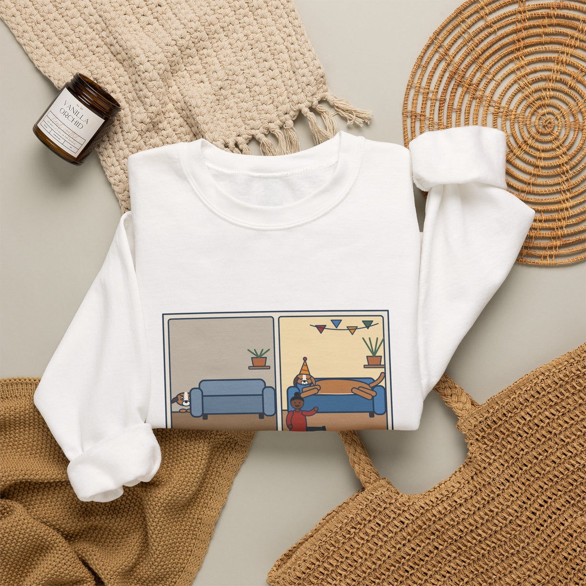 Gotcha Day Sweatshirt, Five Years Ago She Hid Behind the Couch, Now the Couch Is Hers, Funny Then and Now Crewneck