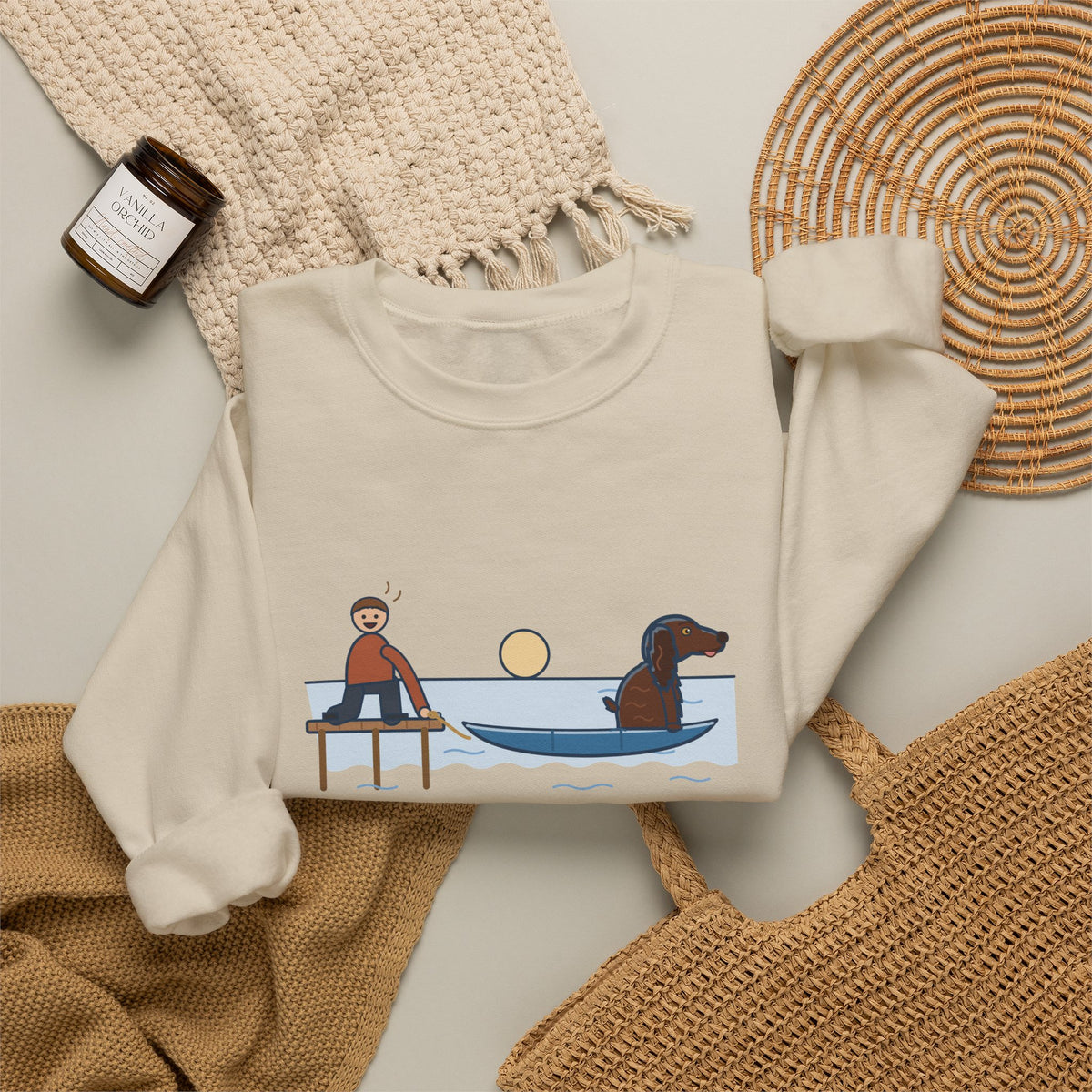 Boykin Spaniel Crewneck Sweatshirt - Seated in the Canoe Before the Rope Came Off