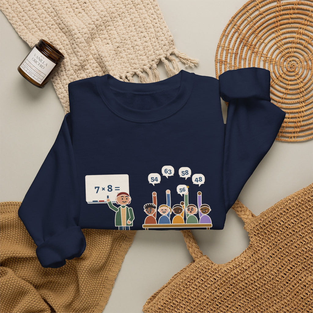 4th Grade Teacher Crewneck Sweatshirt - Seven Times Eight, Thirty Hands Up, Thirty Answers