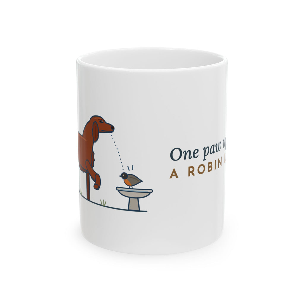 Irish Setter Coffee Mug - One Paw Up, Frozen, A Robin Landed 11oz Dog Mug