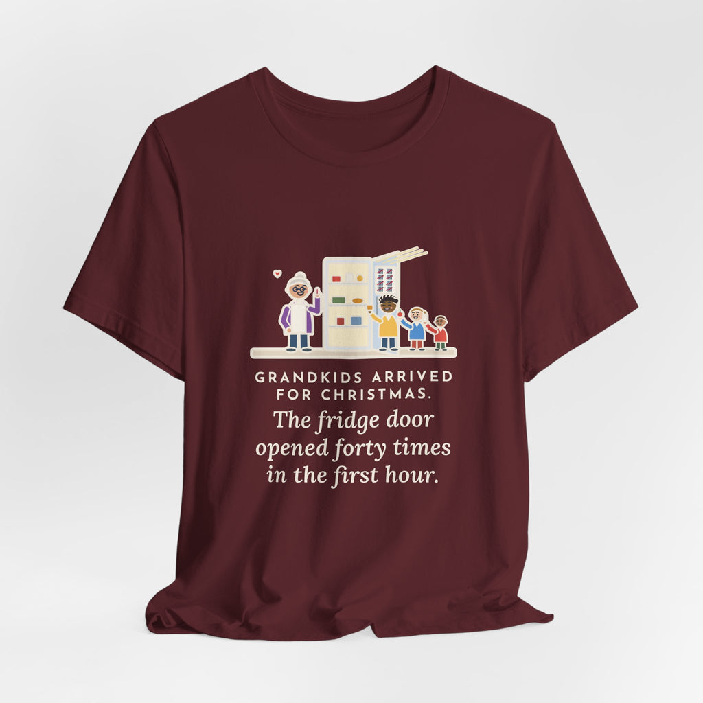 Funny Grandkids at Christmas T-Shirt, Arrived for the Holiday, The Fridge Door Opened Forty Times in the First Hour, Fridge Tally Tee