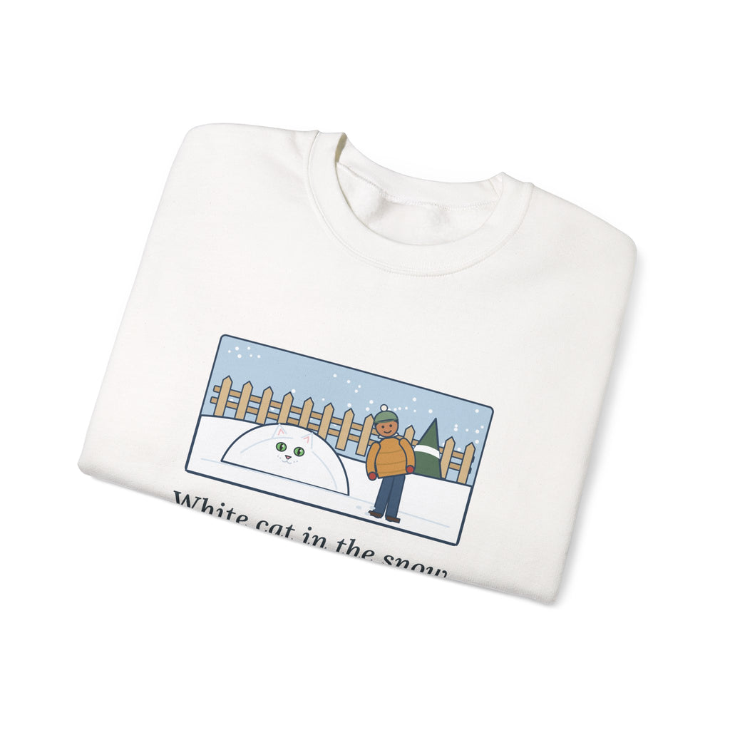 White Cat Sweatshirt, In the Snow, Found Her by the Pink Nose and the Green Eyes, Funny Snowy Backyard Crewneck