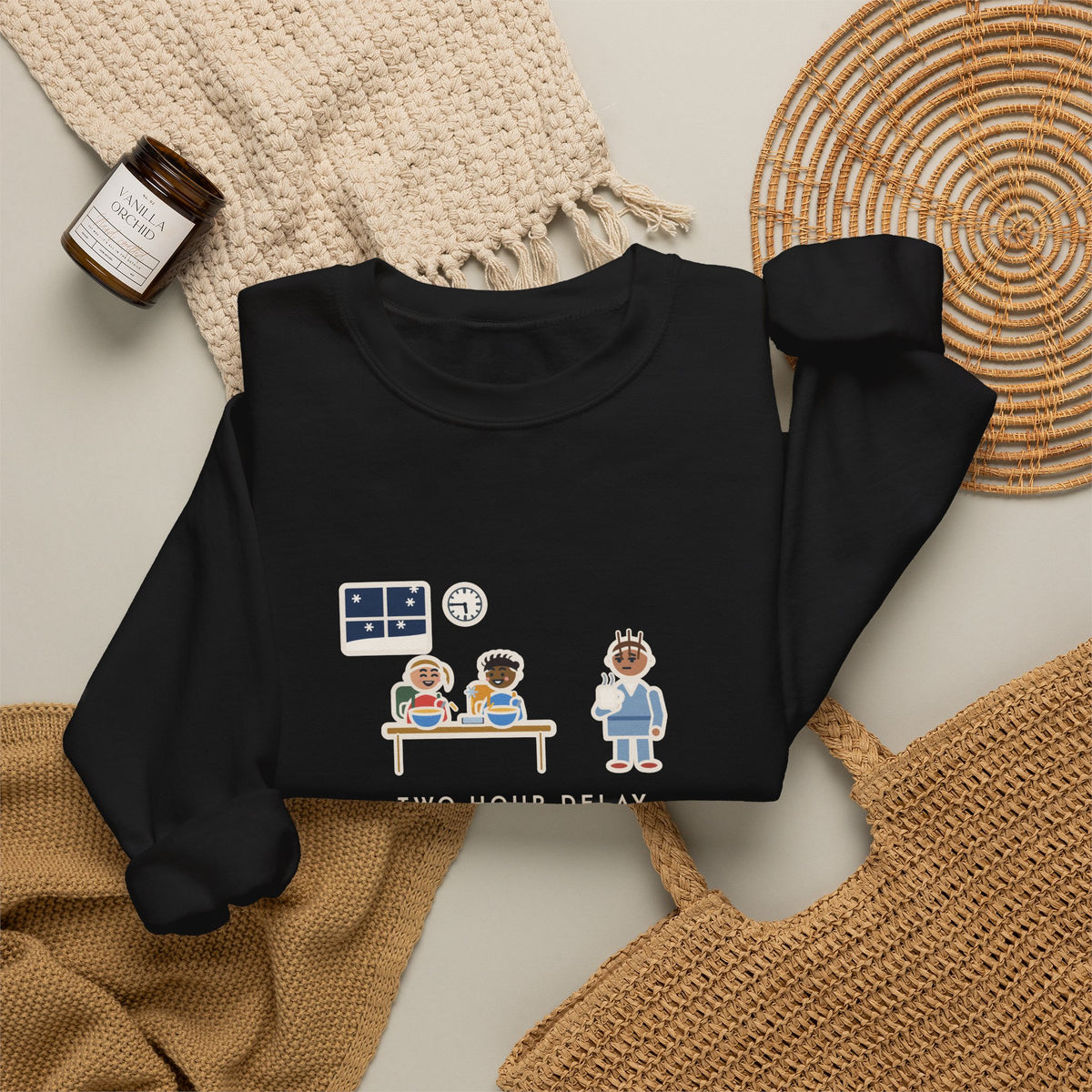 Two-Hour Delay Sweatshirt, Announced at 5:45 a.m., Both Kids Already Dressed and Eating Cereal, Funny Dawn Kitchen Crewneck
