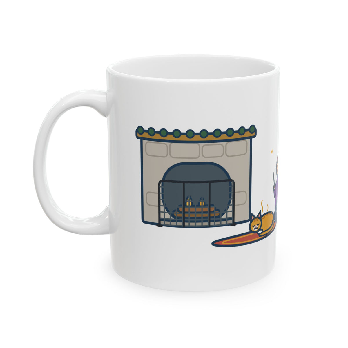 Fireplace Cat Mug, Turned On the Fireplace, The Cat Claimed the Warm Spot Before the Logs Caught, Funny Coffee Mug 11oz