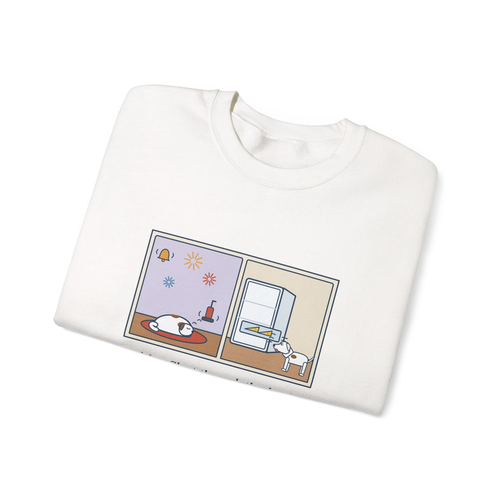 Deaf Dog Sweatshirt, Slept Through the Doorbell and Fireworks, Woke Up When the Cheese Drawer Opened, Funny Two Panels Crewneck