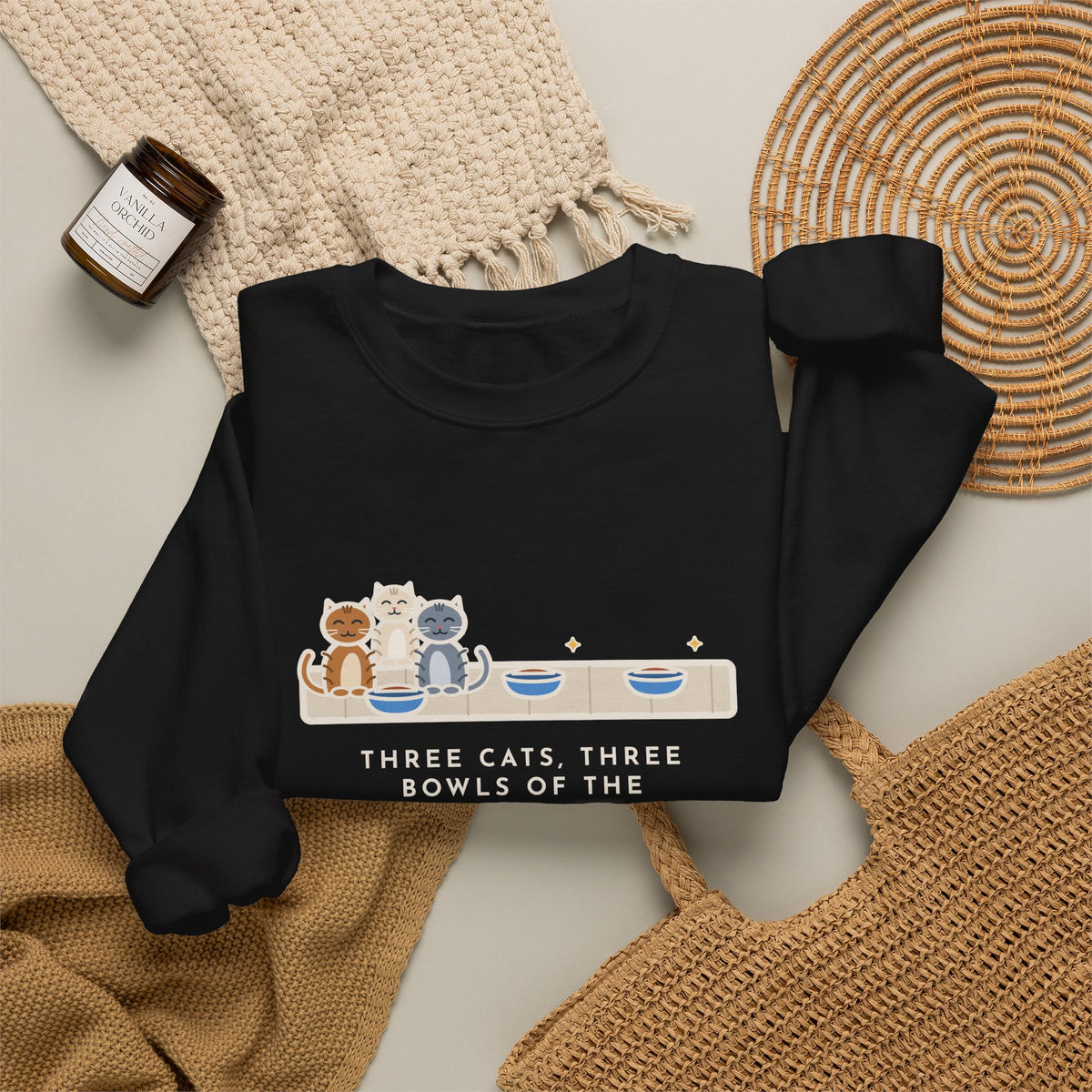 Three Cats Sweatshirt, Three Bowls of the Same Food, Every Cat Wants the One on the Left, Funny Kitchen Floor Crewneck