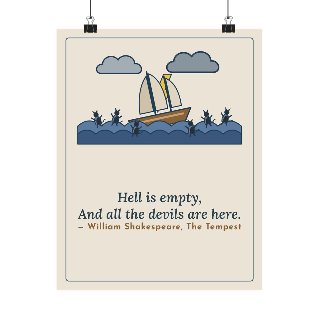 Shakespeare Quote Poster, Hell Is Empty and All the Devils Are Here, Dark Humor Stormy Ship Wall Art