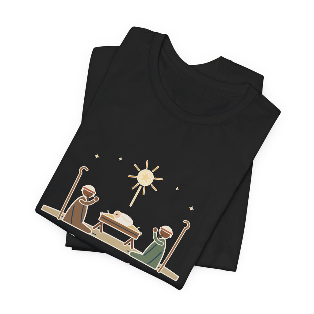Oakeley Quote T-Shirt, O Come, Let Us Adore him, Christmas Woodcut Manger Tee