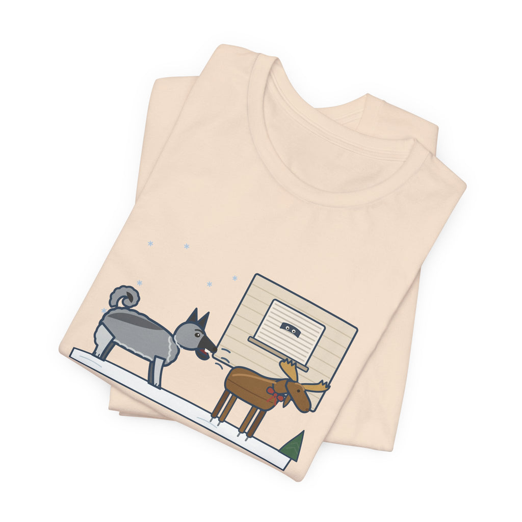 Norwegian Elkhound T-Shirt - Barked at the Plastic Lawn Moose for an Hour, Winter Dog Tee