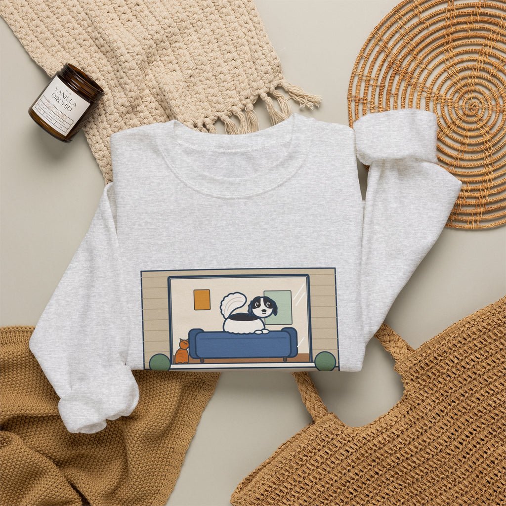 Japanese Chin Sweatshirt, Perched on the Back of the Couch Like a Cat, Watching the Street, Funny Window Lookout Crewneck