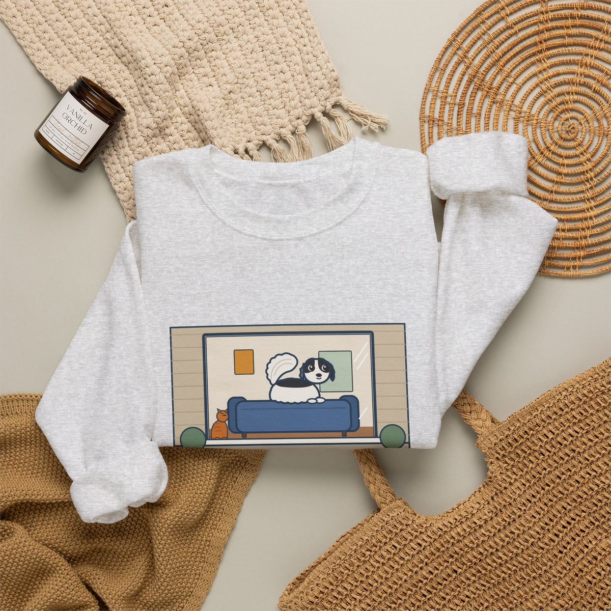 Japanese Chin Sweatshirt, Perched on the Back of the Couch Like a Cat, Watching the Street, Funny Window Lookout Crewneck