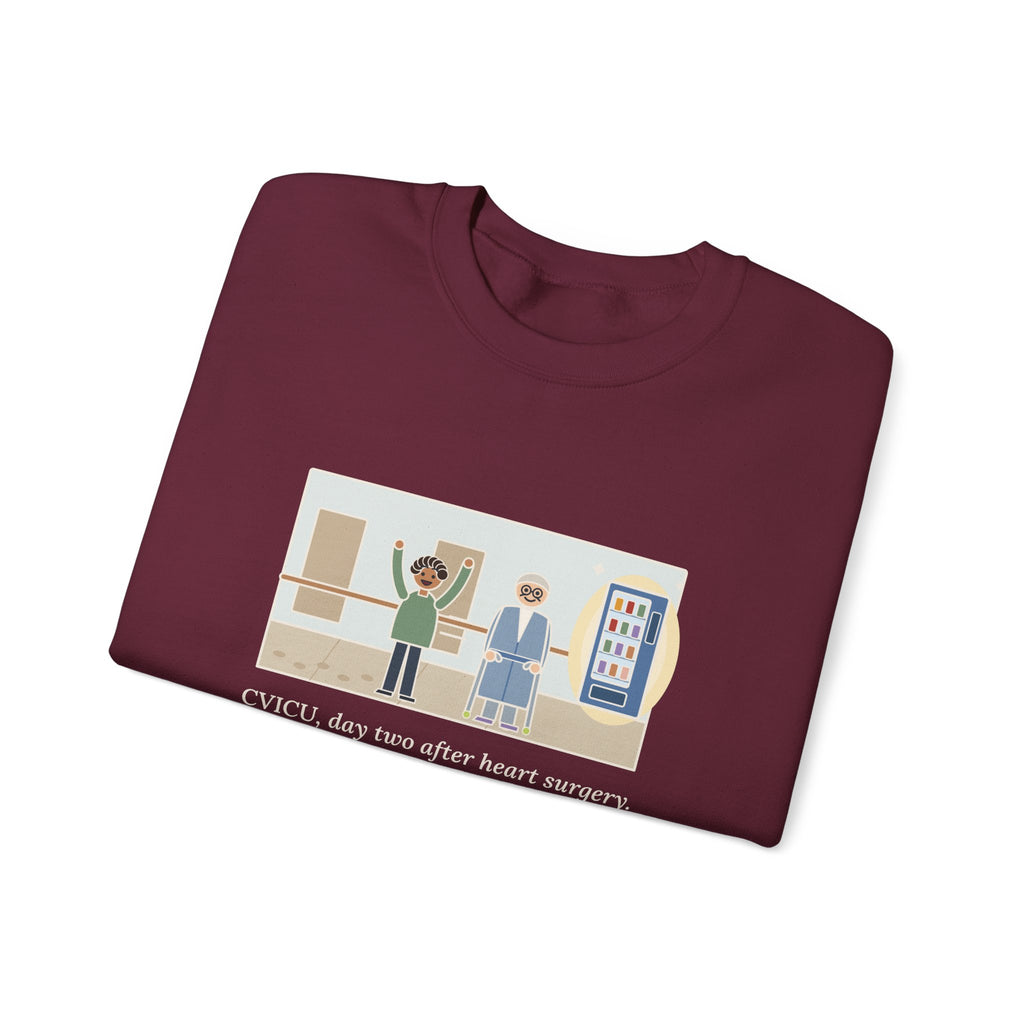 CVICU Nurse Sweatshirt, Day Two After Heart Surgery, He Walked the Whole Hallway to See the Vending Machine, Funny Hallway Walk Crewneck