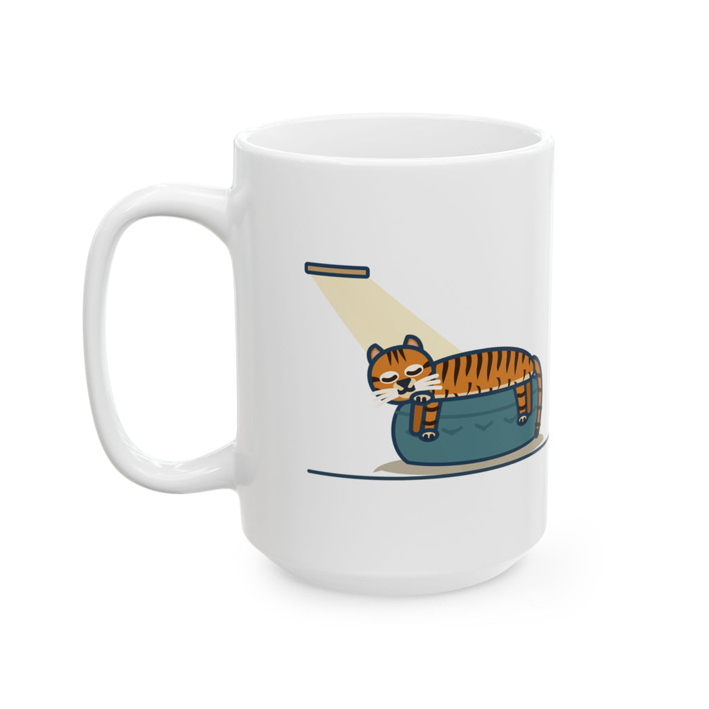 Large 15oz Tiger-Striped Cat Mug - Tiger on a Sun Rock Ottoman Striped Cat Gift