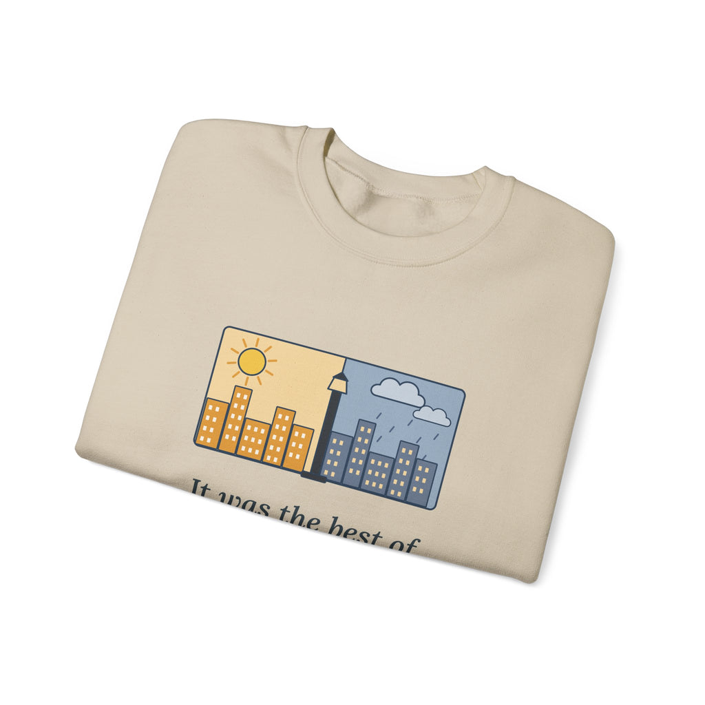 It Was the Best of Times, It Was the Worst of Times Sweatshirt, Literary Dickens Quote Crewneck with Split Skyline
