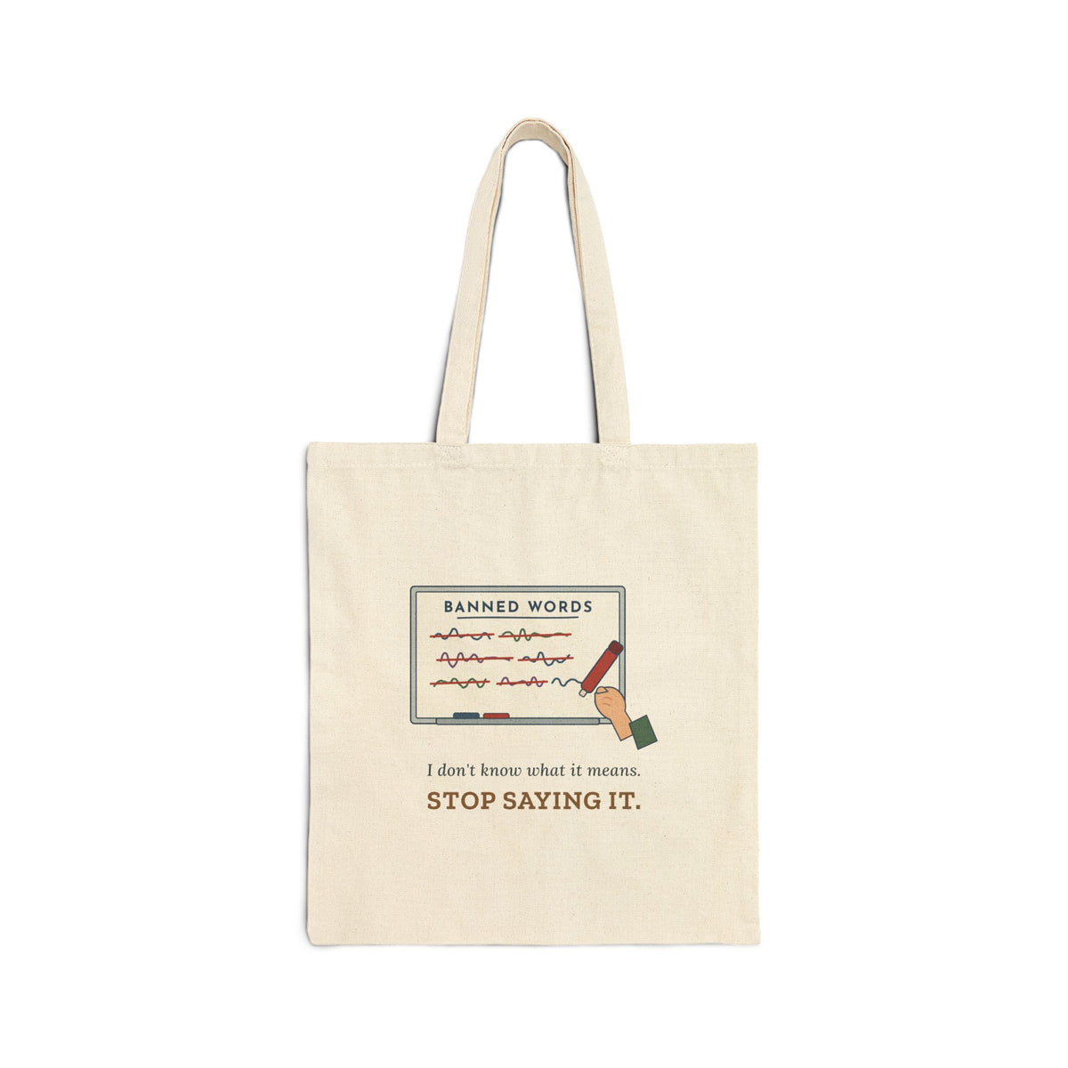 Middle School Teacher Tote Bag - I Don't Know What It Means. Stop Saying It. Banned Words Bag