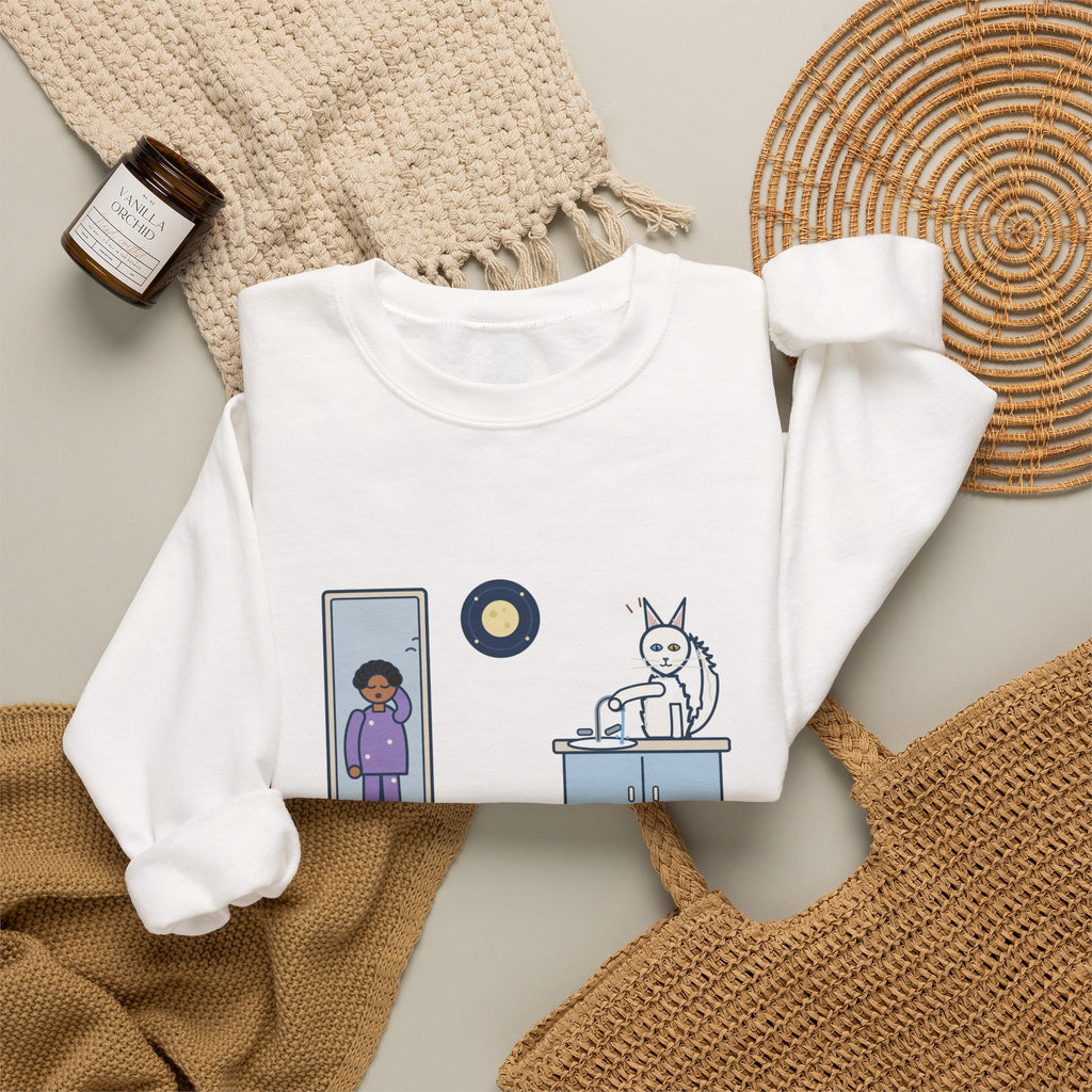 Turkish Angora Crewneck Sweatshirt - Bathroom Faucet at Two A.M. White Cat Owner Gift