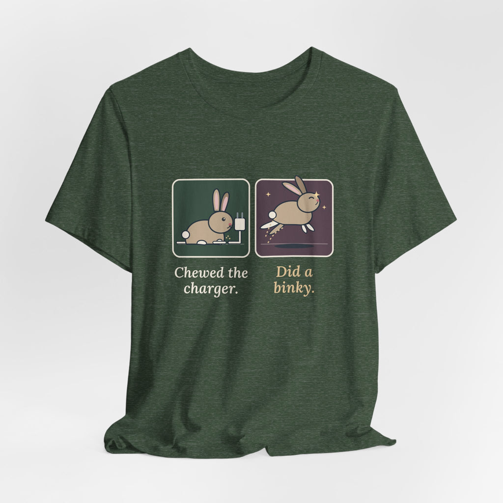 Pet Rabbits T-Shirt - Chewed the Charger. Did a Binky. Funny Bunny Owner Tee